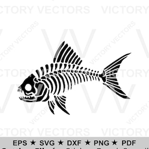 May include: Black and white fish skeleton graphic. The image includes the text "EPS, SVG, DXF, PNG, PDF Cutting File for Sticker, Decal, Stencil". The fish skeleton is a detailed illustration of the bones of a fish.