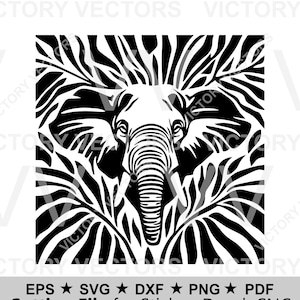 May include: A monochrome graphic featuring an elephant's head and trunk, set against a backdrop of abstract foliage. The image is square, with text at the bottom indicating it's a cutting file for stickers and decals.