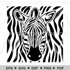 May include: Black and white zebra head silhouette with a zebra stripe pattern background. The zebra head is centered in the image and is facing the viewer. The zebra stripes are bold and thick.