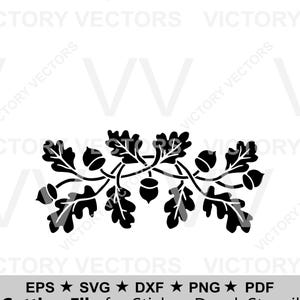 May include: Black and white vector graphic of an oak leaf and acorn design. The image features a detailed illustration of oak leaves and acorns, suitable for stickers, decals, and stencils. The text at the bottom reads "Cutting File for Sticker, Decal, Stencil."