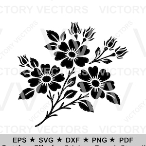 Archivo de corte SVG de espray de rosa silvestre / Diseño de rama floral de rosa silvestre para Cricut Silhouette Laser / Rosa botánica vintage / pdf png dxf eps