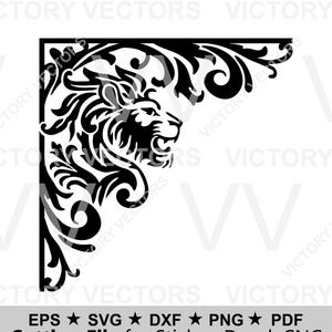 Puede incluir: Diseño de esquina negro con una cabeza de león y patrones florales ornamentados. Es un archivo de corte adecuado para pegatinas, calcomanías y proyectos CNC. El texto en la parte inferior indica los formatos de archivo: EPS, SVG, DXF, PNG y PDF.