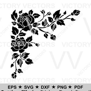 Puede incluir: Diseño floral negro en esquina con rosas, hojas y capullos. Incluye el texto "EPS, SVG, DXF, PNG, PDF Cutting File for Sticker, Decal, Stencil". Ideal para pegatinas, calcomanías y plantillas.