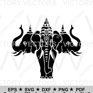 May include: Black and white graphic of three elephants facing forward, with detailed trunks and decorative headwear. The image includes text at the bottom indicating it's a cutting file for stickers, decals, and CNC projects.
