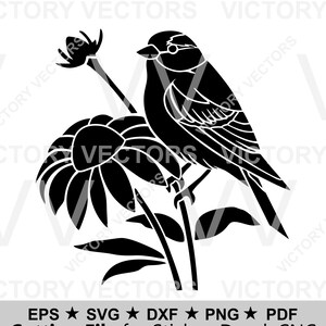 May include: A black and white vector image of a bird on a flower. The bird is depicted with detailed wing and feather lines. The image includes text: EPS, SVG, DXF, PNG, PDF, Cutting File for Sticker, Decal, CNC.