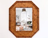 Vintage Woven Faux Bamboo Framed Wall Mirror Rattan Boho Chic Dresser Vertical Octagonal Hanging Mirror