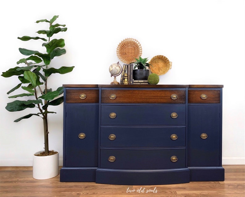 Mid Century Duncan Phyfe Navy Blue Mahogany 6 Drawer Sideboard Etsy