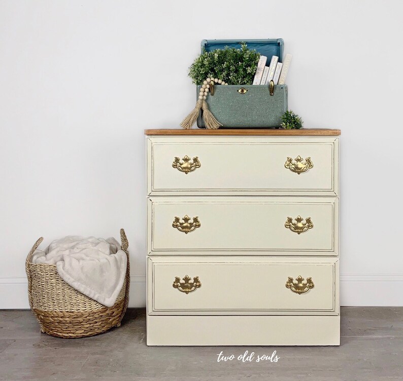 Vintage Off White 3 Drawer Dresser Two Toned Stained Top With Etsy