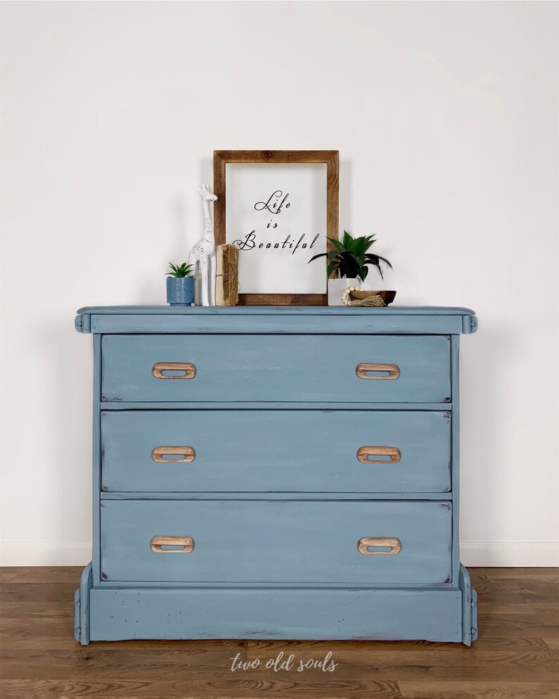 Vintage Blue 3 Drawer Heart Pine Wood Dresser Changing Table Etsy