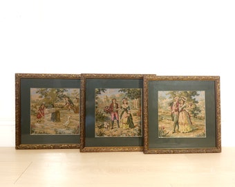 Vintage Framed French Tapestries Featuring Courting Couples and Children at Play