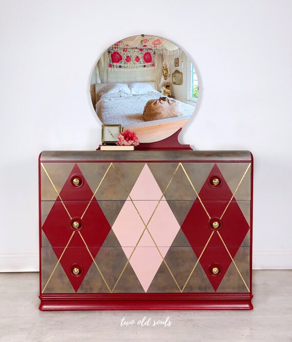 Vintage Argyle Painted Art Decco Dresser In Pink And Grey With Etsy