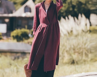 Burgunder Leinenmantelkleid, Lockere Duster-Strickjacke, Jacke im Vintage-Stil, Oberbekleidung mit Knopfleiste vorne