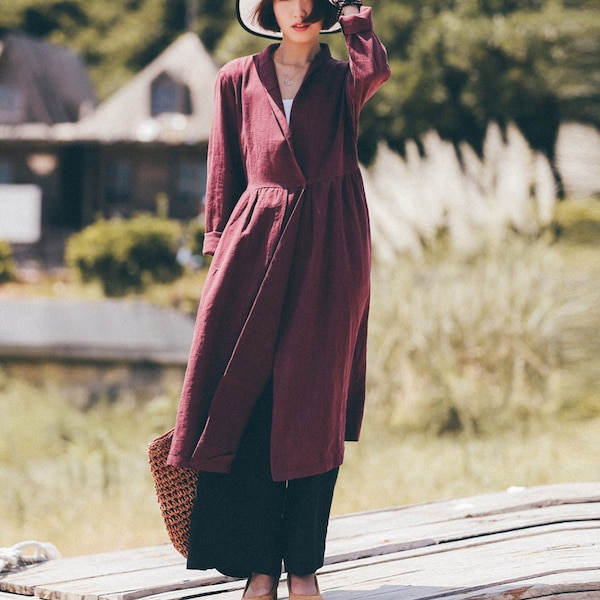 Manteau en lin naturel Cache-poussière en lin - Cardigan en lin rétro avec poches, veste portefeuille en lin avec ceinture, trench-coat en lin bordeaux