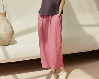 Women's Linen Wide Leg Pants Cropped Pants, Summer Casual Trousers, Retro High Waist Trousers Loose Pants, Pink Harem Pants Gifts For Her