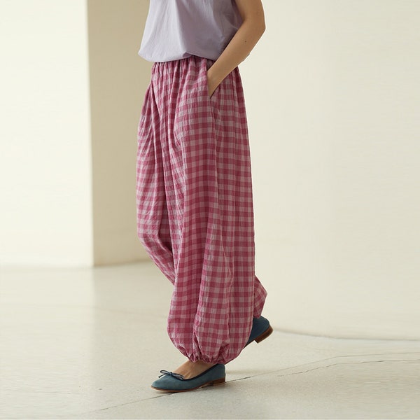 Breathable Cotton Pants Plaid Lantern Pants - Retro Wide-Leg Pants Gingham Pants, Summer Women's Loose Fitting Pants Casual Trousers