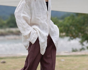 Handmade Linen Button Down Shirt: Oversized Long Sleeve Blouse