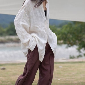 Handmade Linen Button Down Shirt: Oversized Long Sleeve Blouse