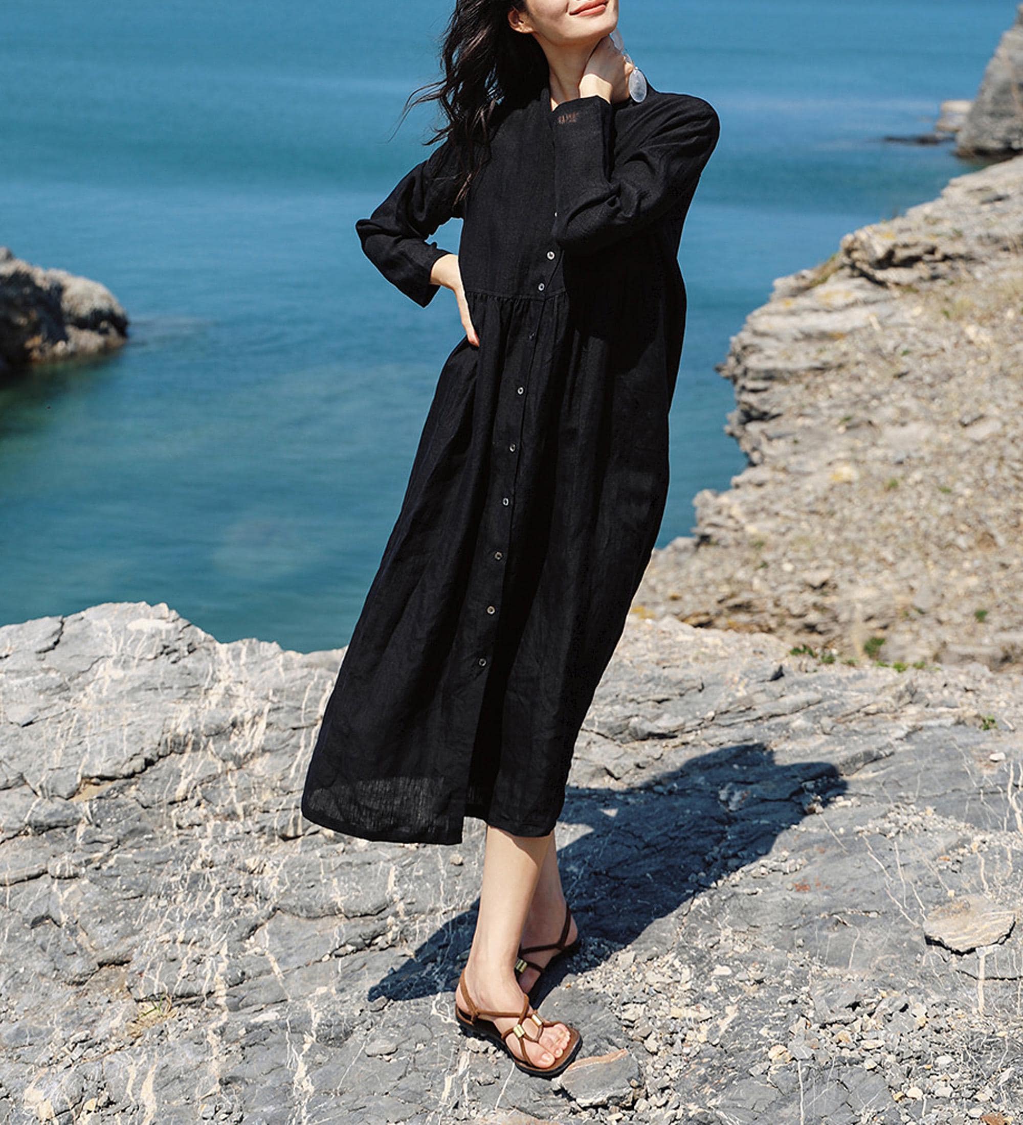black linen dress with buttons Rowan Linen Button Up Midi Dress