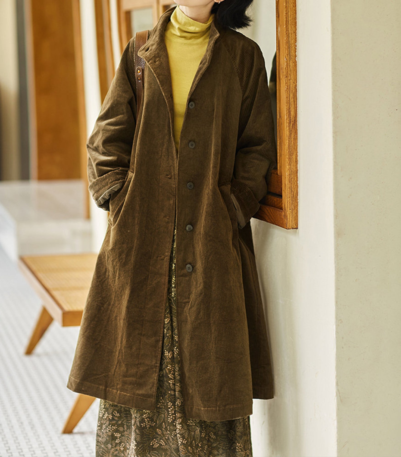 MADEN Corduroy Mid-Length Trench Coat