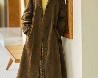 Retro Cord Trenchcoat, übergroße Cardigan Jacke, Herbst/Winter Kleidung, langer Mantel lose anpassbare handgemachte warme Jacke Button Outfit