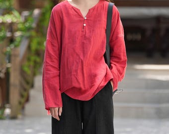 Handmade Linen V-Neck Blouse: Loose Fit Long Sleeve Button Shirt