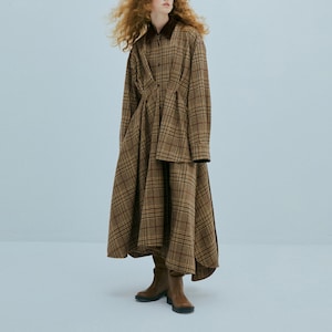 Women's Wool Dress, Plaid Wool Dress Winter Warm Dress, Long Sleeve Dress, Asymmetrical Long Dress, Vintage Check Dress