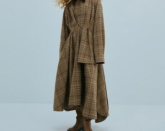 Damen Wollkleid, Kariertes Wollkleid Winter Warmes Kleid, Langarmkleid, Asymmetrisches langes Kleid, Vintage Karokleid