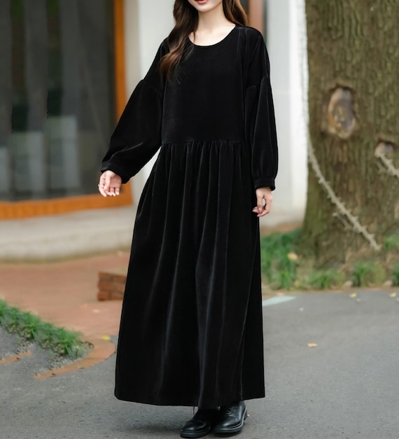 black corduroy dress women Maxi Women, Vintage Loose Fit Long Sleeve Dress, Puff Sleeve Smock Dress, Fall Winter Plus Size Corduroy Dress Alice And Olivia Satin New safuny Due to girls night out Color:Burlap