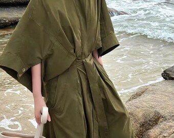 Puffy Sleeve Dress With Nipped In Waist Design For Women, Loose Fit Tunic Dress, Spring Clothing Olive Green Maxi Dress, Gift For Her