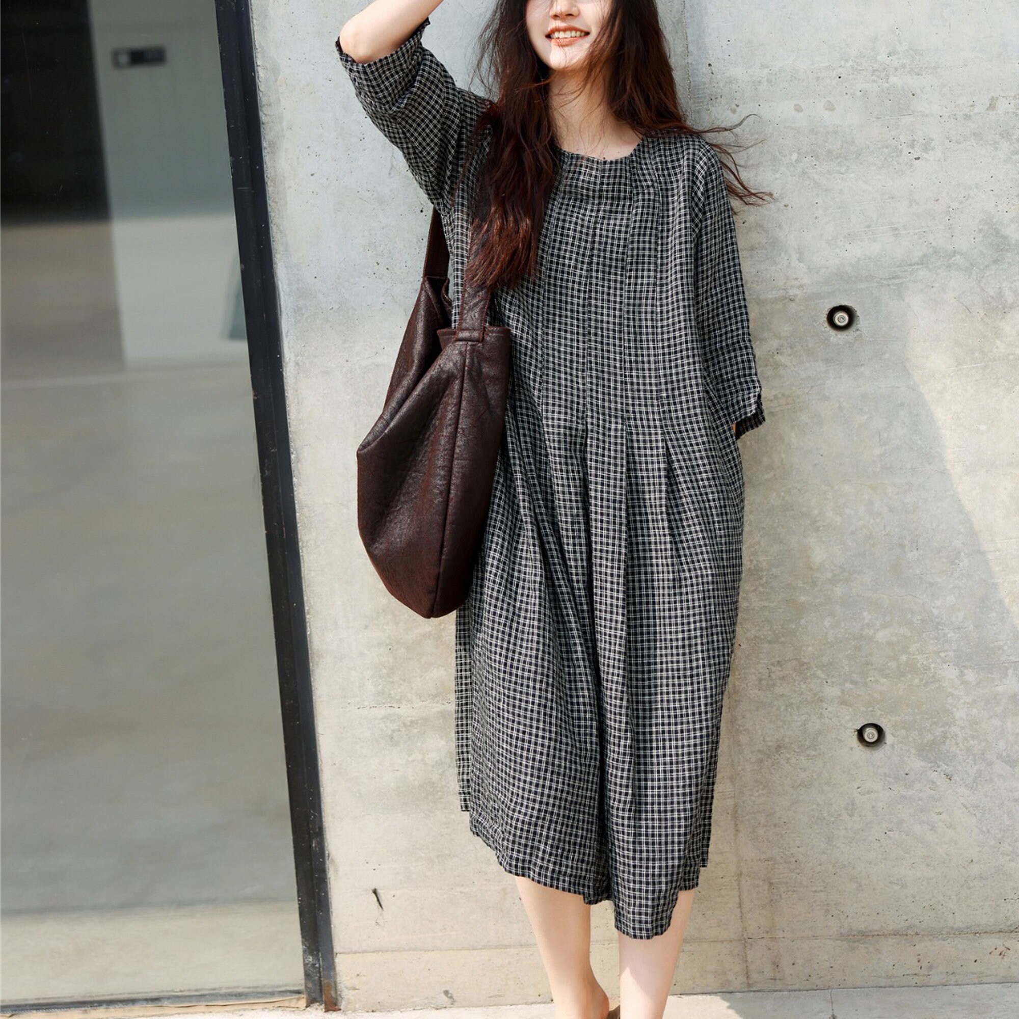 Stylish Red Plaid  Button Cotton Linen Summer Mid Dress main image 0