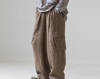 Handmade Brown Linen Wide Leg Pants, Retro High Waist Trousers