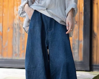 Dark Blue Denim Pants Linen Wide Leg Pants, Soft Maxi Flax Pants Plus Size Pants, Retro High Waist Trousers Long Hemp Pants For Women