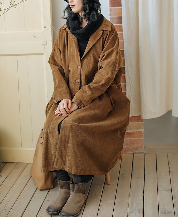 Customized Pure Cotton Corduroy Women's Fall/Winter Trench Coat, Loose Fit Mid-Length Overcoat