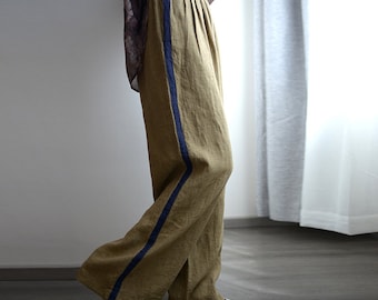 Handmade Linen Wide Leg Pants, Retro High Waist Trousers