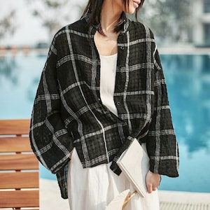 Women's Linen Shirt Casual Plaid Top Loose Lapel Long Sleeve Cardigan, Handmade Cotton Blouse Gingham Shirt Loungewear Soft Button Up Shirt image 1