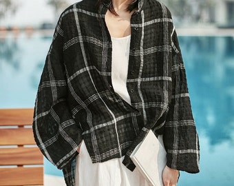 Women's  Linen Shirt Casual Plaid Top Loose Lapel Long Sleeve Cardigan, Handmade Cotton Blouse Gingham Shirt Loungewear Soft Button Up Shirt