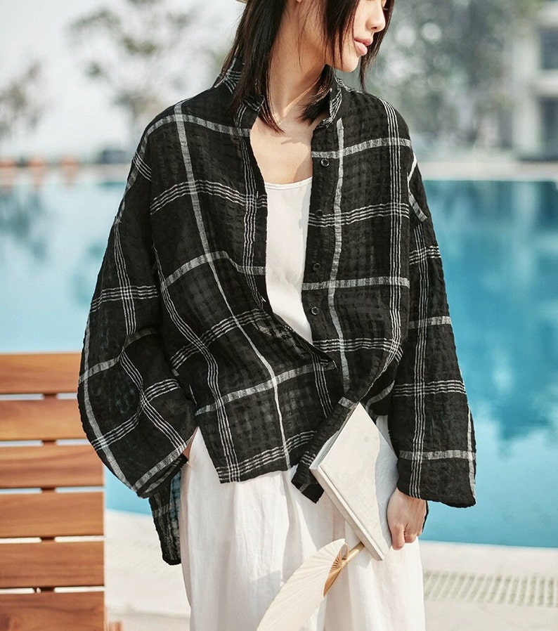 Women's Linen Shirt Casual Plaid Top Loose Lapel Long Sleeve Cardigan, Handmade Cotton Blouse Gingham Shirt Loungewear Soft Button Up Shirt image 1