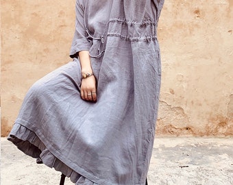 Vestido largo de lino suave: caftán informal con bolsillos