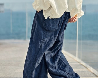 100% Pure Linen Pants Drop Crotch Pants Wide Leg Pants, Soft Maxi Flax Trousers Plus Size Pants Retro Trousers Long Harem Pants Gift For Her