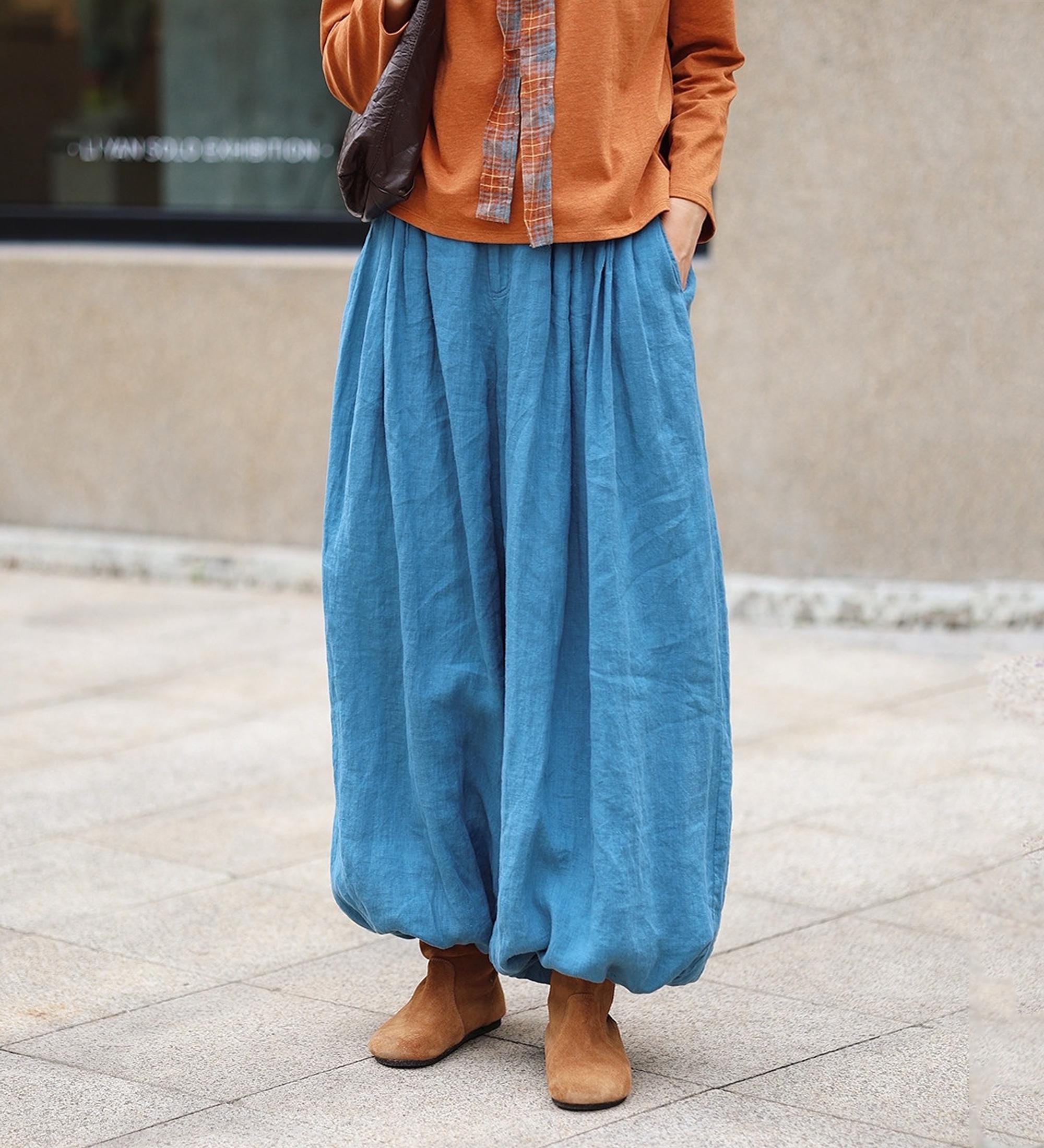 Women's Linen Balloon Pants, Wide Leg Trousers, Boho Casual Spring