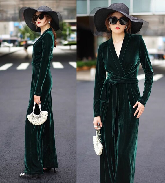 Handmade Velvet Jumpsuit: Long Sleeve Romper With Waist Tie - Etsy