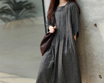 Soft Linen Plaid Dress for Summer, 100% Linen Pleated Midi Dress, Gifts For Her, Loose Fit Dress Linen Long Dress Round Neck Dress