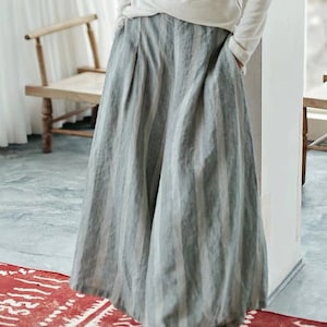Handmade Striped Linen Wide Leg Pants: Soft Flax Trousers