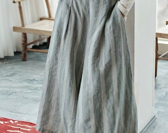 Handmade Striped Linen Wide Leg Pants: Soft Flax Trousers