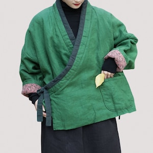 Quilted Padded Jacket Green Kimono Coat, Oversized Linen Coat Winter Plus Size Clothing, Soft Casual Hand Made Retro Cardigan Warm Coat