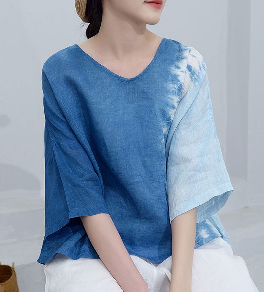 blue-tie-dye-linen-blouse-casual-tops-kimono-v-neck-shirt-etsy