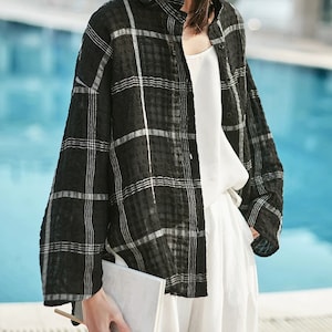 Women's Linen Shirt Casual Plaid Top Loose Lapel Long Sleeve Cardigan, Handmade Cotton Blouse Gingham Shirt Loungewear Soft Button Up Shirt image 3