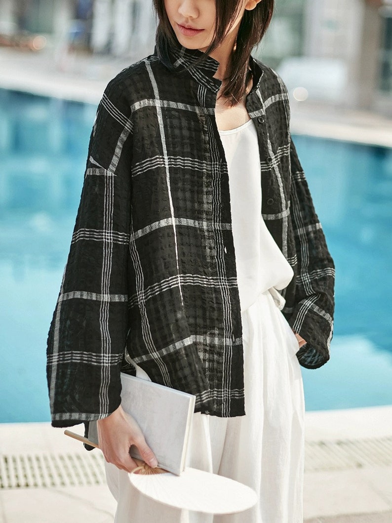 Women's Linen Shirt Casual Plaid Top Loose Lapel Long Sleeve Cardigan, Handmade Cotton Blouse Gingham Shirt Loungewear Soft Button Up Shirt image 3