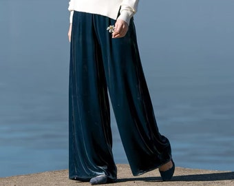 Pantalones palazzo de terciopelo de pierna ancha hechos a mano: tiro bajo, corte holgado