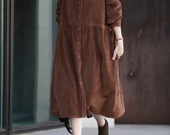 90s corduroy dress 90s Corduroy Tie Back Maxi Dress/rust Brown Long Sleeve Button Front Dress/size  M